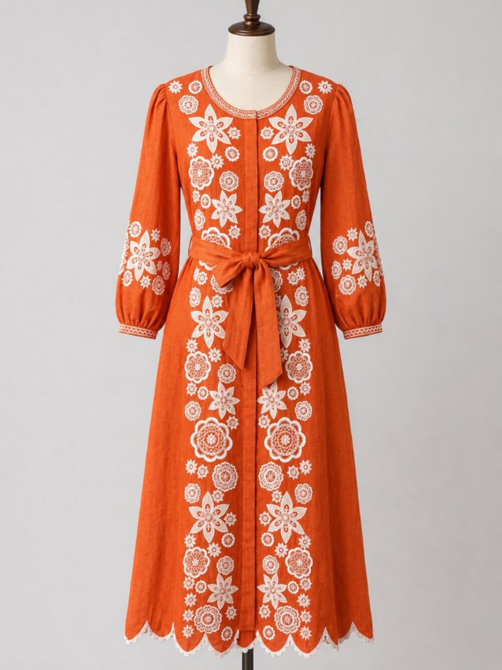 ASHA Paloma Dress Small Orange Floral Shirt Linen Embroidered Belted Midi Boho
